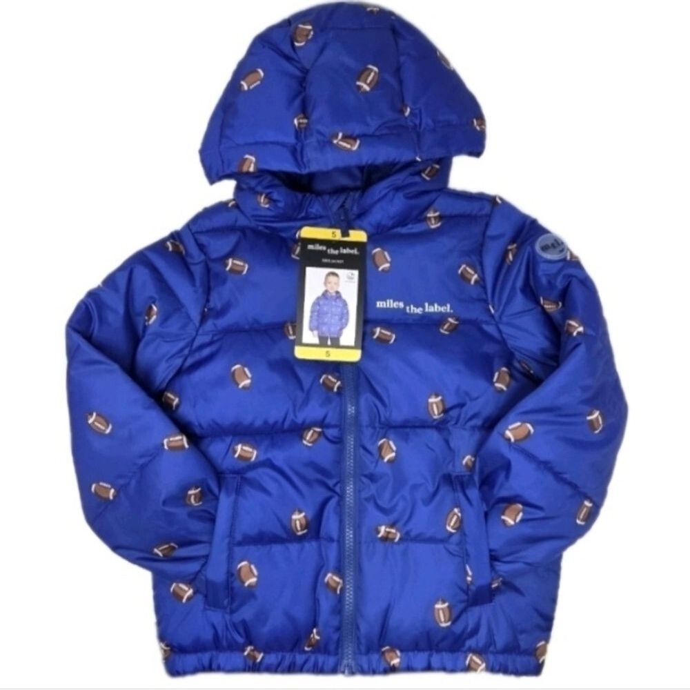 Miles The Label Boys Hooded Puffer Jacket Football Print Blue Size 5